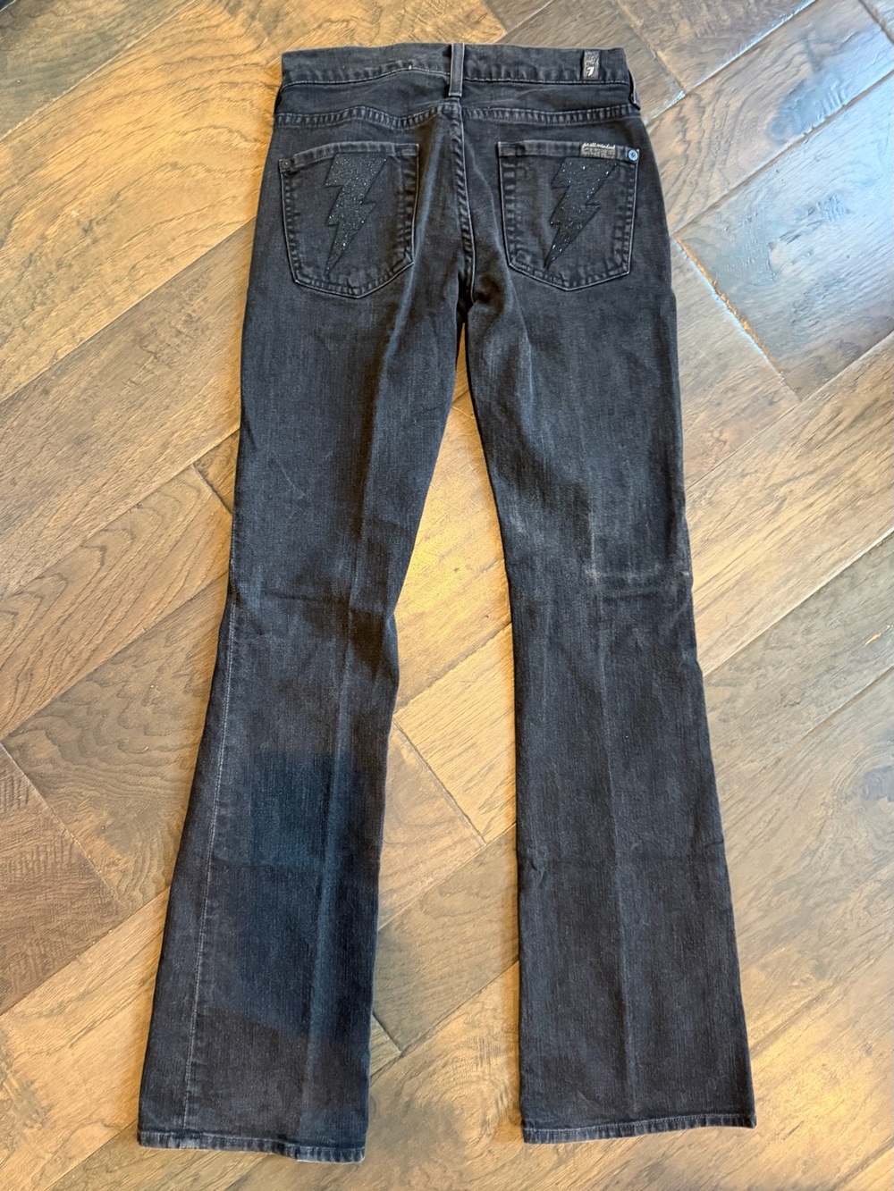 7 For All Mankind Black Flare Jeans with Lightning Bolt Back Pockets - Picture 2 of 4